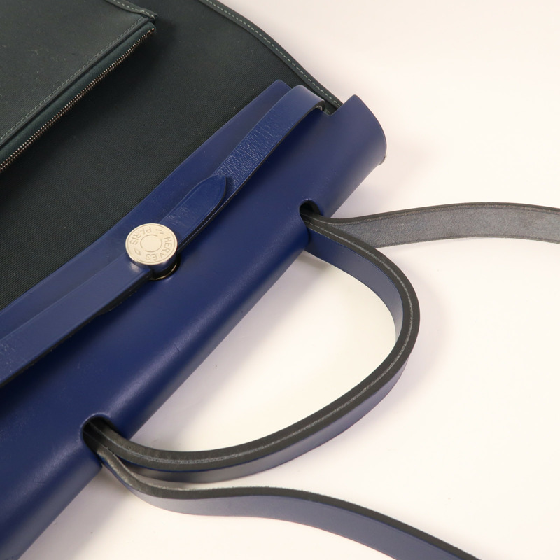 HERMES 帆布Herbag PM銀扣手挽肩背兩用袋Vert Cypress/Bleu Saphir-4