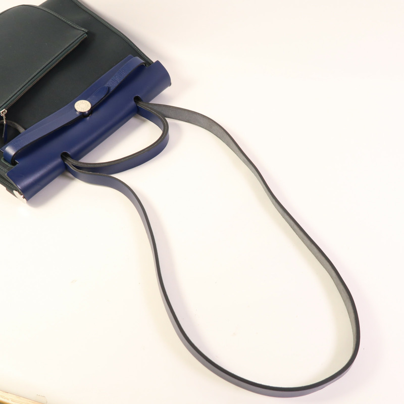 HERMES 帆布Herbag PM銀扣手挽肩背兩用袋Vert Cypress/Bleu Saphir-5