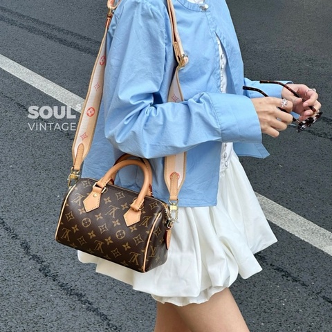 路易威登新款波士頓LV 原花橘粉背帶Speedy20手提斜背包M46594