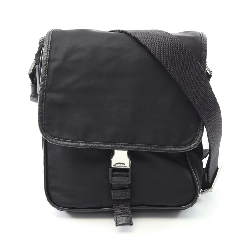 PRADA 斜背肩背包，尼龍 Saffiano 皮革，黑色，二手，男女通用-0