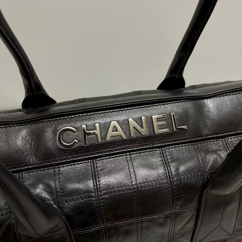 Chanel香奈兒 黑銀全皮菱格手提包肩背包-3