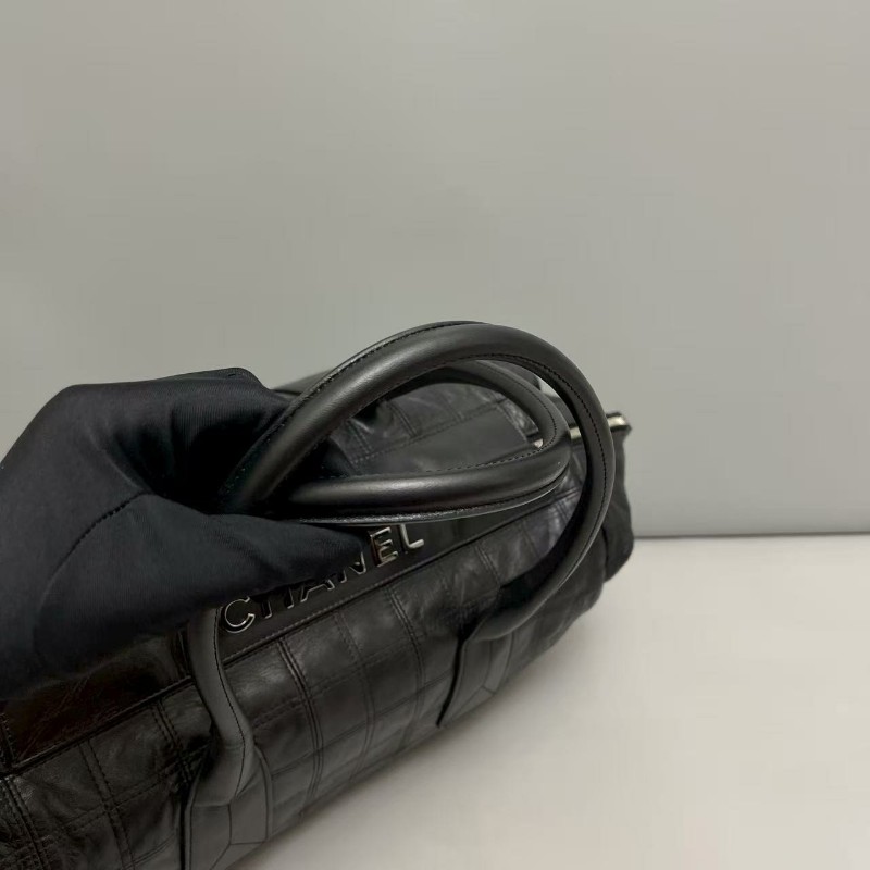 Chanel香奈兒 黑銀全皮菱格手提包肩背包-6