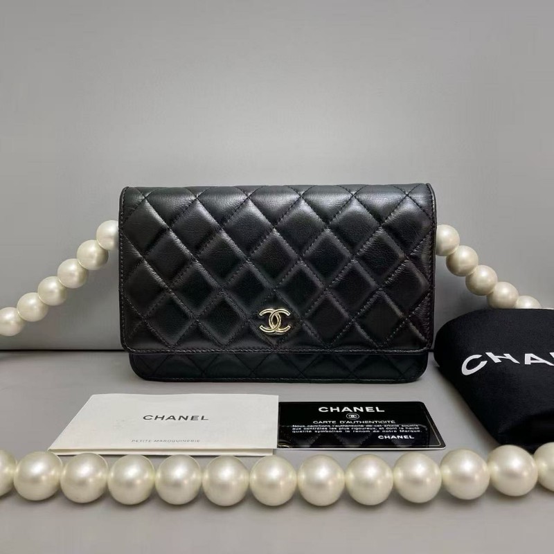 Chanel香奈兒 黑金全皮菱格珍珠鏈條woc包 尺寸19×12 鐳射30 附件卡 塵袋 發票-0