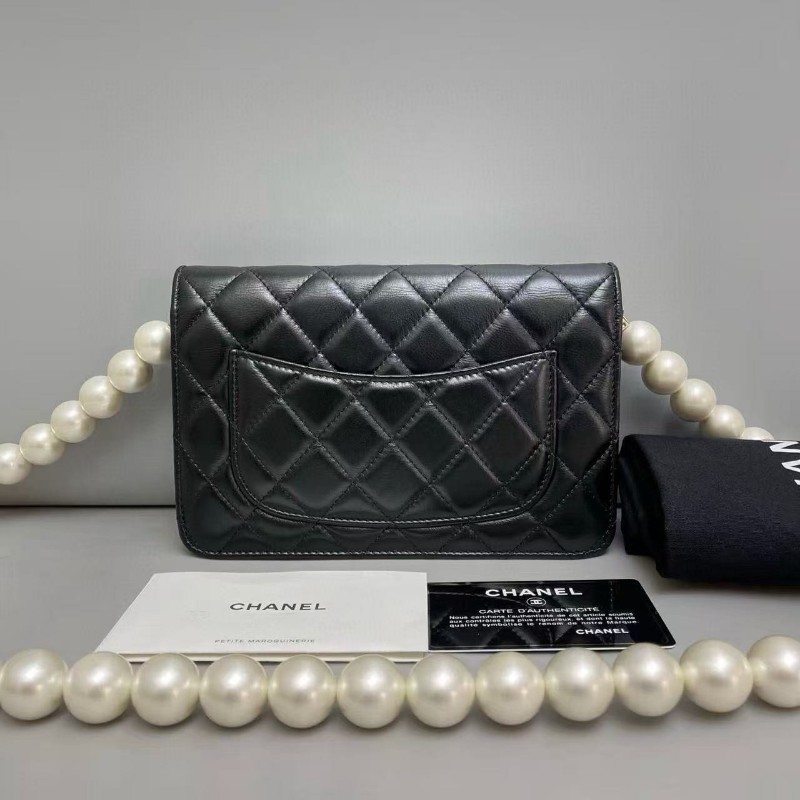 Chanel香奈兒 黑金全皮菱格珍珠鏈條woc包 尺寸19×12 鐳射30 附件卡 塵袋 發票-1