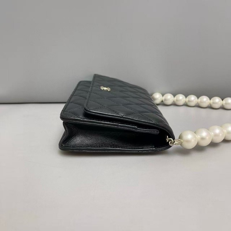 Chanel香奈兒 黑金全皮菱格珍珠鏈條woc包 尺寸19×12 鐳射30 附件卡 塵袋 發票-2
