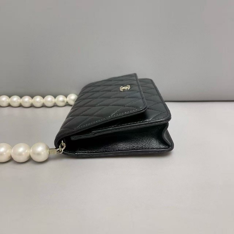 Chanel香奈兒 黑金全皮菱格珍珠鏈條woc包 尺寸19×12 鐳射30 附件卡 塵袋 發票-3