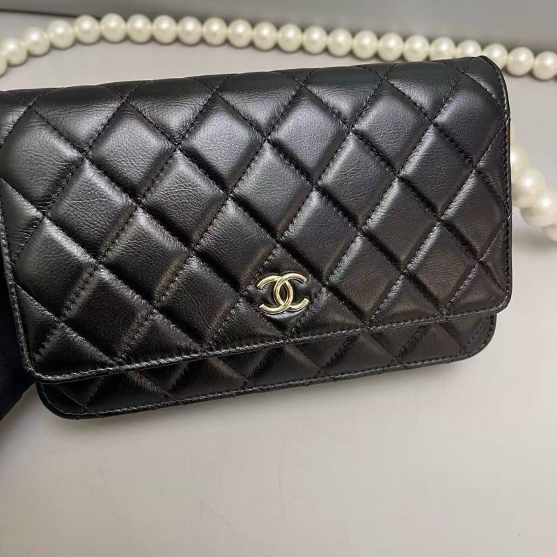 Chanel香奈兒 黑金全皮菱格珍珠鏈條woc包 尺寸19×12 鐳射30 附件卡 塵袋 發票-5
