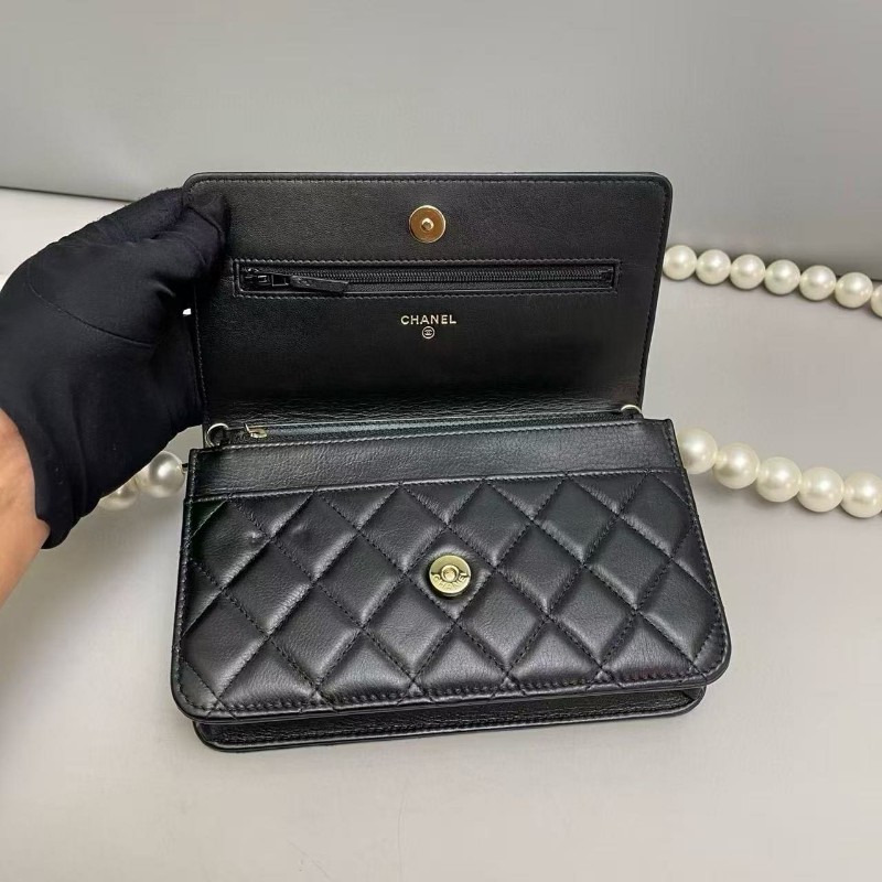 Chanel香奈兒 黑金全皮菱格珍珠鏈條woc包 尺寸19×12 鐳射30 附件卡 塵袋 發票-7