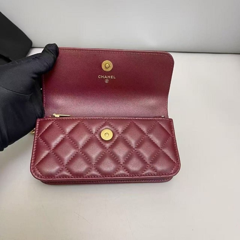Chanel香奈兒 酒紅色全皮菱格山茶花金球woc 晶片款， 尺寸17×10 附件 盒子 塵袋-4