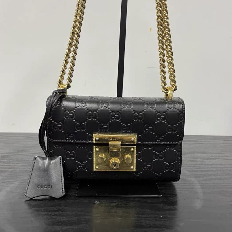 GUCCI 黑金金扣 Padlock老花LOGO壓紋盒子肩背斜背包20*13*7.5 98新配件塵袋-0