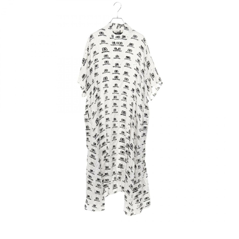 BALENCIAGA BB 標誌洋裝 725717 絲綢 白色黑色 二手 女款 2 碼-0