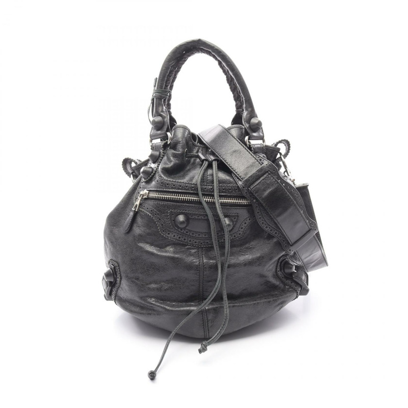 BALENCIAGA 大號絨球肩背包 手提包 204540 皮革 黑色 二手 女士-0