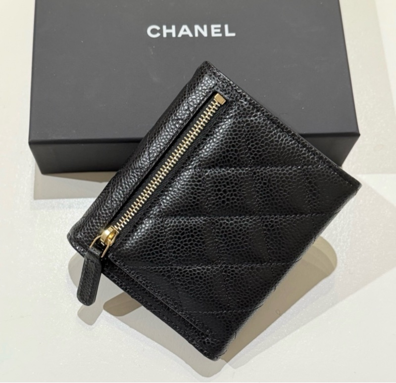 Chanel經典款黑色荔枝牛皮金釦 短夾 錢包-2