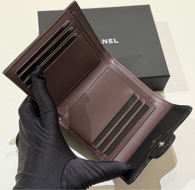 Chanel經典款黑色荔枝牛皮金釦 短夾 錢包-4