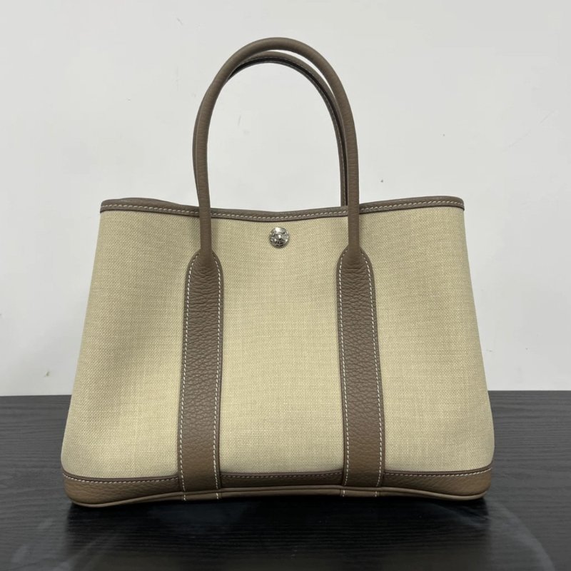 HERMES 大象灰銀扣帆布拼皮花園30手提包 30*21*14 98新-5