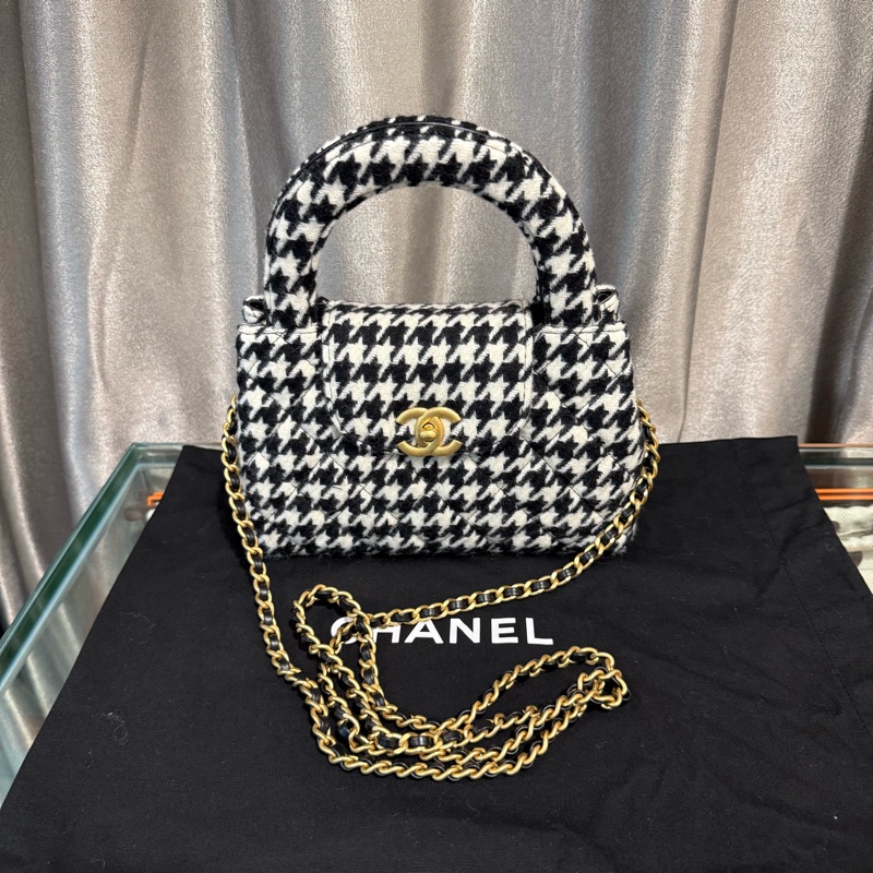 Chanel Kelly Nano黑金千鳥格鏈條斜挎包-2