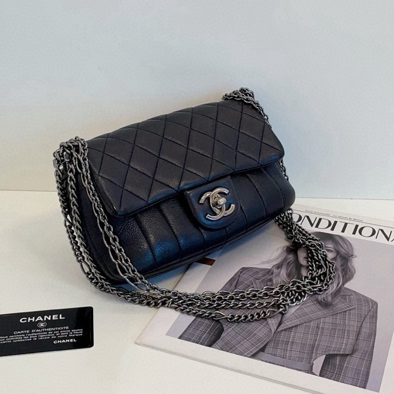 Chanel 香奈兒 黑銀牛皮菱格拼竪紋 大mini 約20*13*6-3