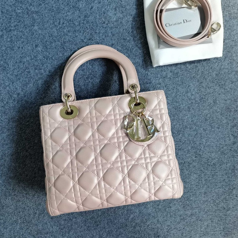 ❤️Dior 迪奧 ladydior戴妃五格 珠光粉 金扣 手提包附件防塵袋 保卡-0
