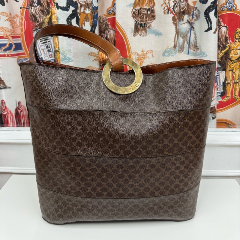 罕有中古Celine 金圓環水桶包 單肩包 棕色老花 男女適用-1