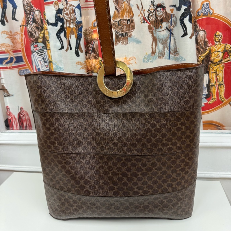 罕有中古Celine 金圓環水桶包 單肩包 棕色老花 男女適用-2