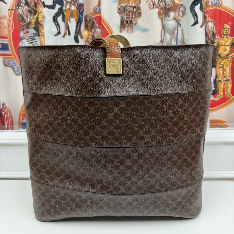 罕有中古Celine 金圓環水桶包 單肩包 棕色老花 男女適用-3