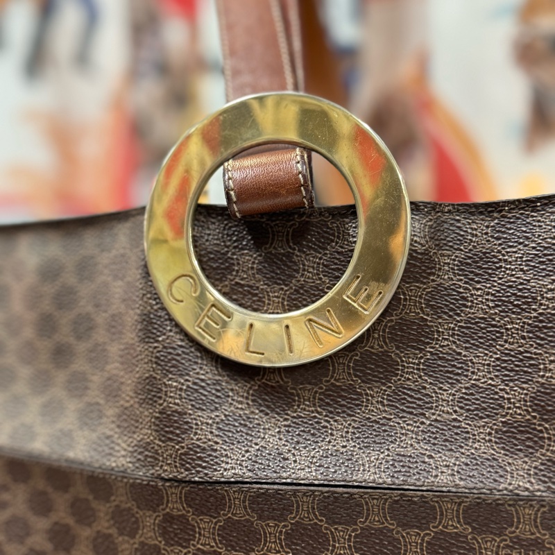 罕有中古Celine 金圓環水桶包 單肩包 棕色老花 男女適用-5