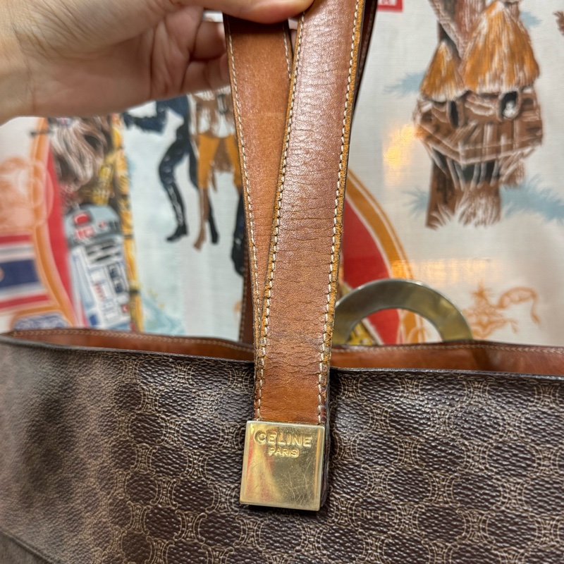罕有中古Celine 金圓環水桶包 單肩包 棕色老花 男女適用-6