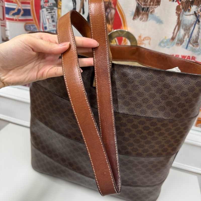 罕有中古Celine 金圓環水桶包 單肩包 棕色老花 男女適用-7