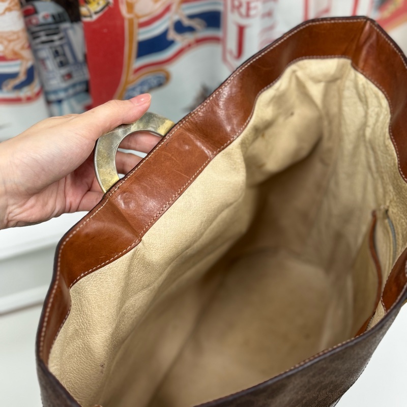 罕有中古Celine 金圓環水桶包 單肩包 棕色老花 男女適用-20