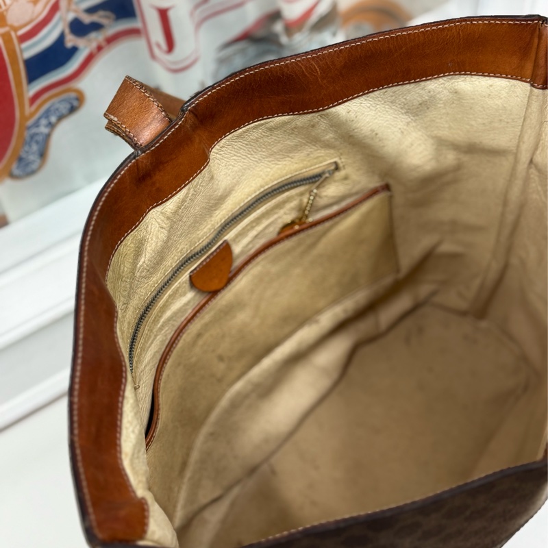 罕有中古Celine 金圓環水桶包 單肩包 棕色老花 男女適用-21