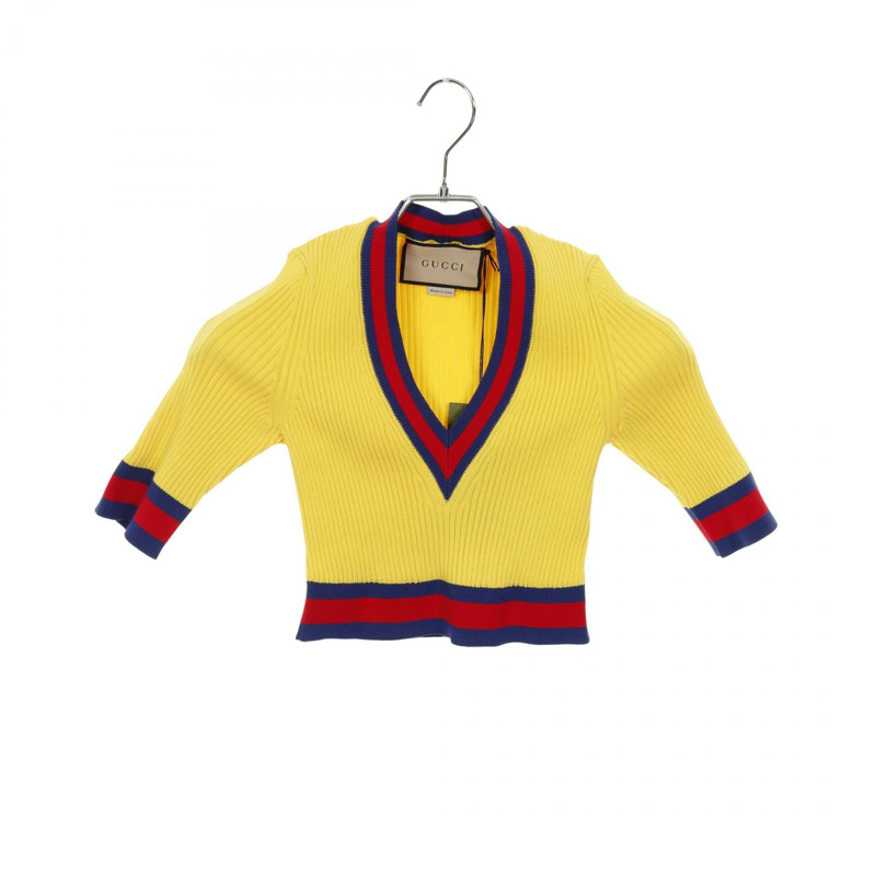 GUCCI 彈性黏膠條紋針織衫 756271 聚酯纖維 黃色 多色 #XS 二手女裝-0