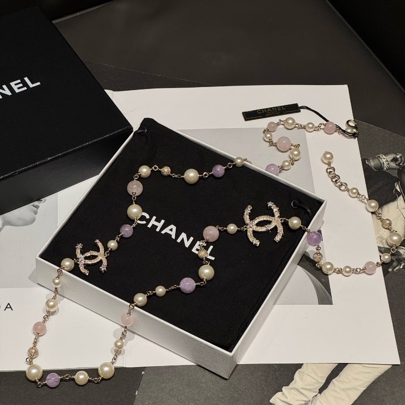 Chanel香奈兒 夢幻紫琉璃珍珠星星雙C logo帶鑽項鏈 毛衣鏈 腰鏈-0