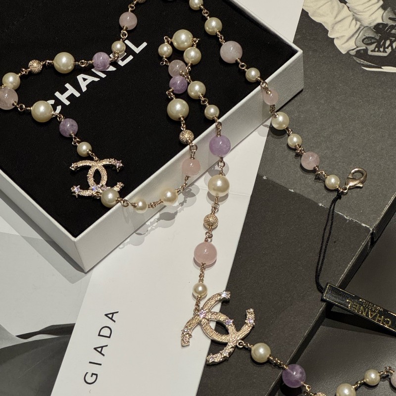 Chanel香奈兒 夢幻紫琉璃珍珠星星雙C logo帶鑽項鏈 毛衣鏈 腰鏈-1