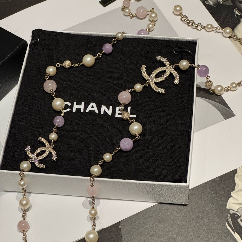 Chanel香奈兒 夢幻紫琉璃珍珠星星雙C logo帶鑽項鏈 毛衣鏈 腰鏈-3