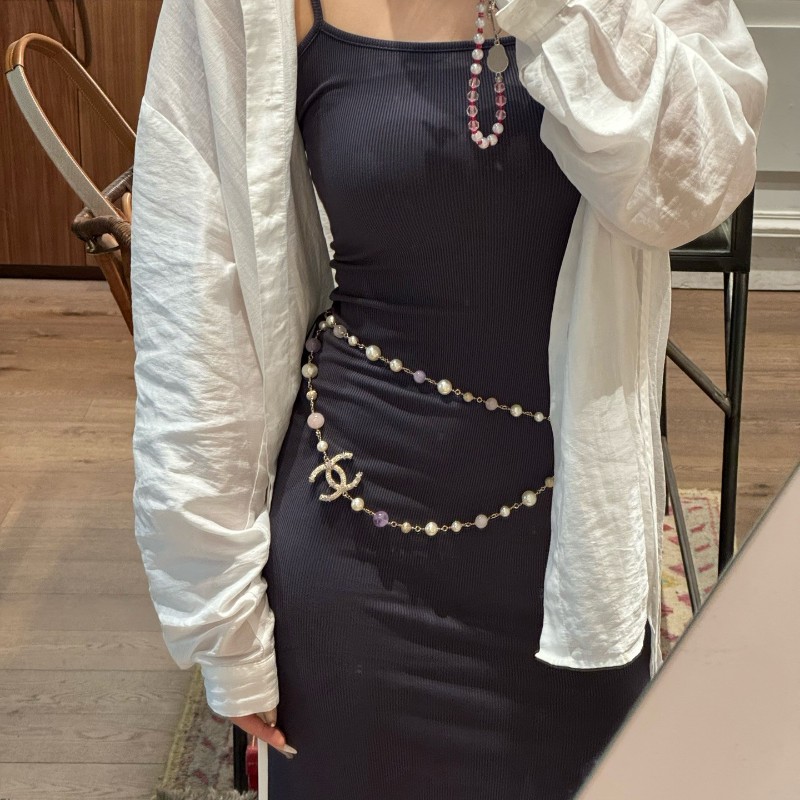 Chanel香奈兒 夢幻紫琉璃珍珠星星雙C logo帶鑽項鏈 毛衣鏈 腰鏈-4