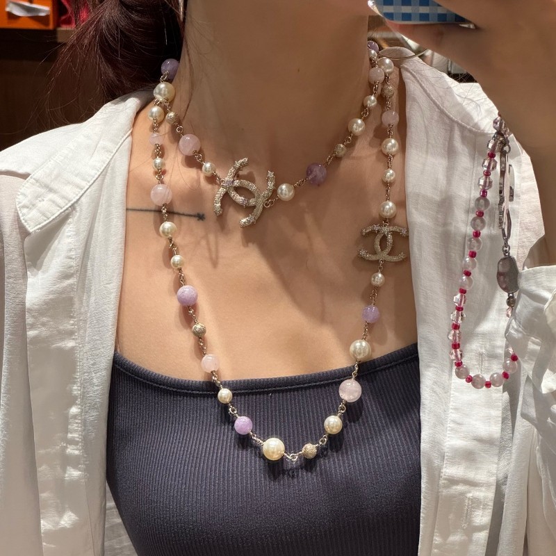 Chanel香奈兒 夢幻紫琉璃珍珠星星雙C logo帶鑽項鏈 毛衣鏈 腰鏈-5