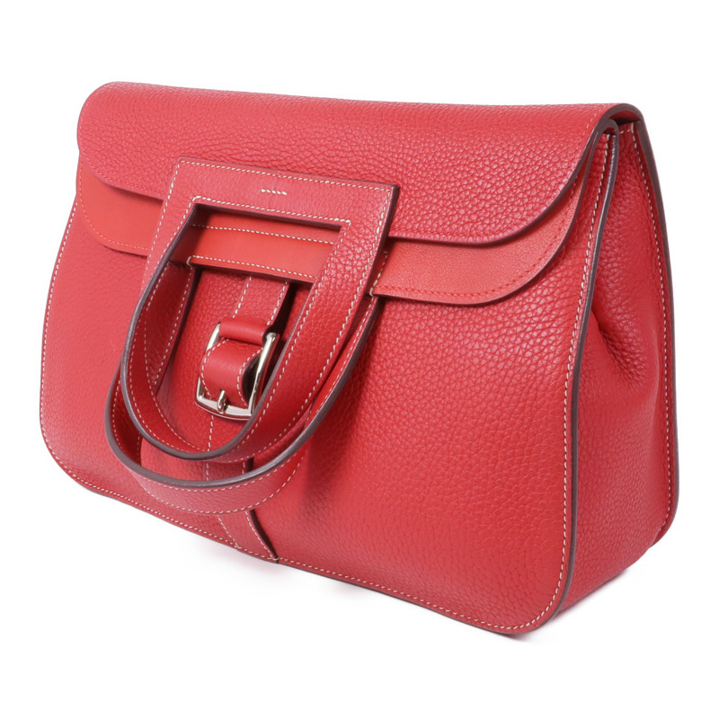 HERMES Clemence皮革Halzan 31銀扣手挽肩背兩用袋Rouge Casaque-2