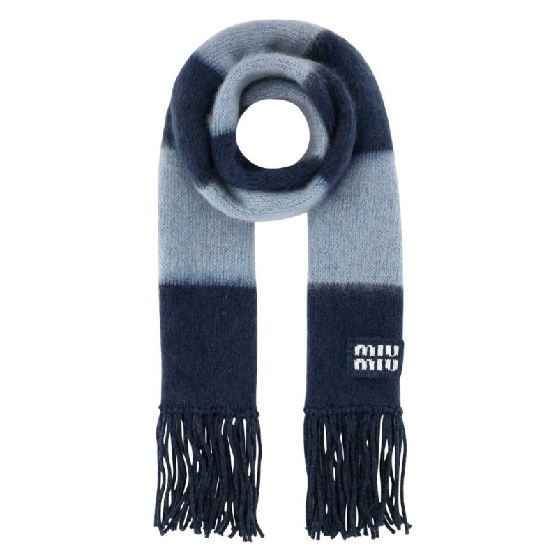 【MIU MIU】Logo 格紋 羊毛流蘇 圍巾 藍色 5FS094-3