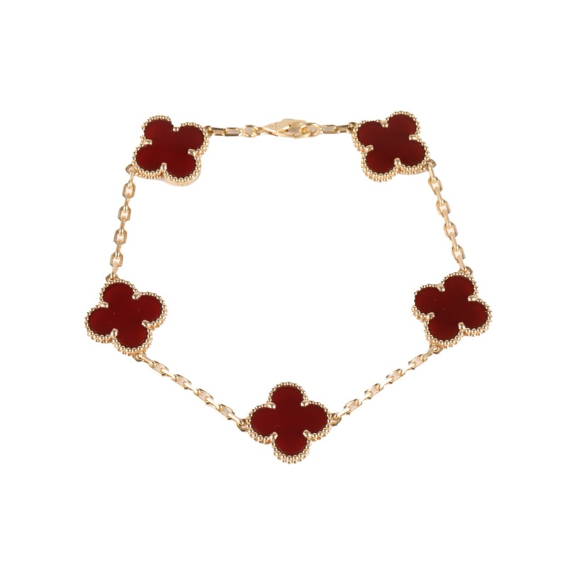 VAN CLEEF&ARPELS(梵克雅寶) Vintage Alhambra 中號五花手鏈 新扣 18K黃金/紅玉髓 S-M碼 黃金-5
