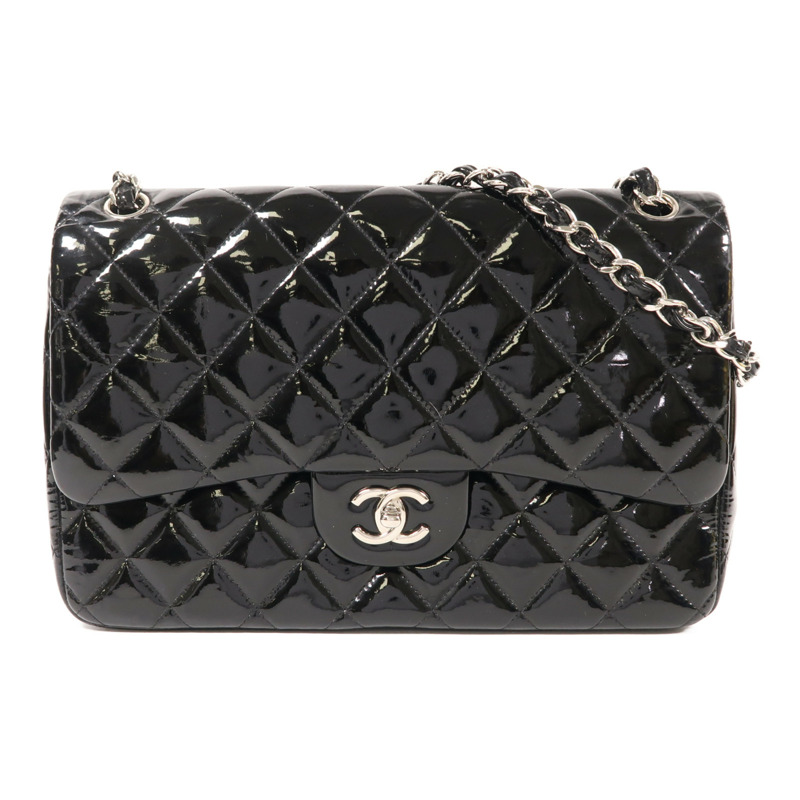 CHANEL 漆皮皮革Large Classic銀扣鏈帶肩背袋-0
