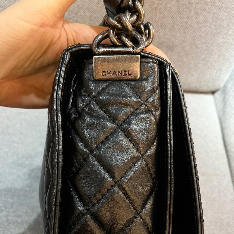 Chanel黑銀多鏈條leboy扣單肩斜挎包~18開-2