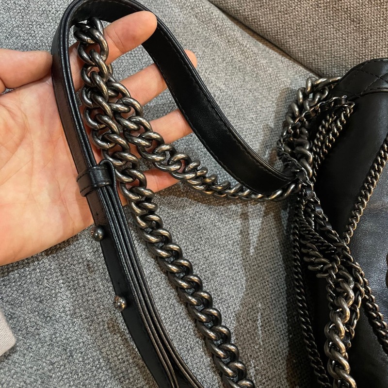 Chanel黑銀多鏈條leboy扣單肩斜挎包~18開-3