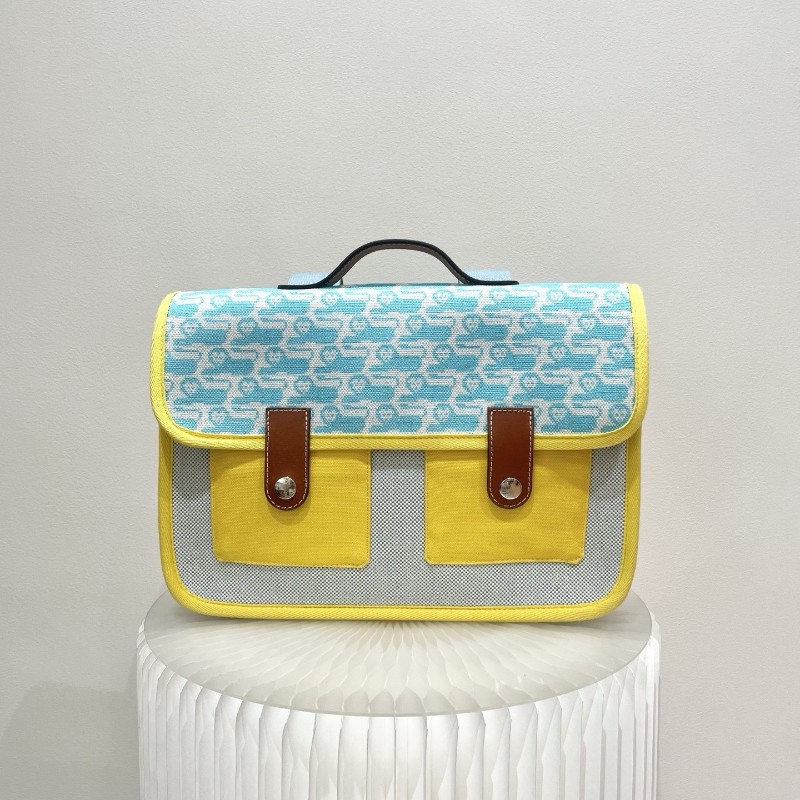 Hermes愛馬仕 經典兒童帆布藍色黃色拼色 雙肩包 後背包-0