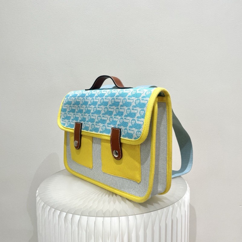 Hermes愛馬仕 經典兒童帆布藍色黃色拼色 雙肩包 後背包-1