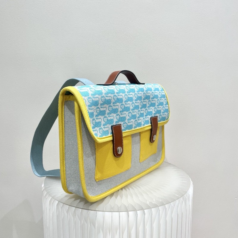 Hermes愛馬仕 經典兒童帆布藍色黃色拼色 雙肩包 後背包-3