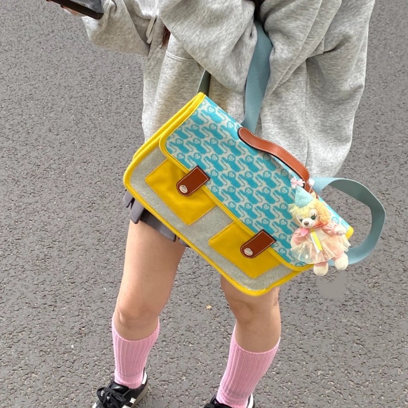 Hermes愛馬仕 經典兒童帆布藍色黃色拼色 雙肩包 後背包-7