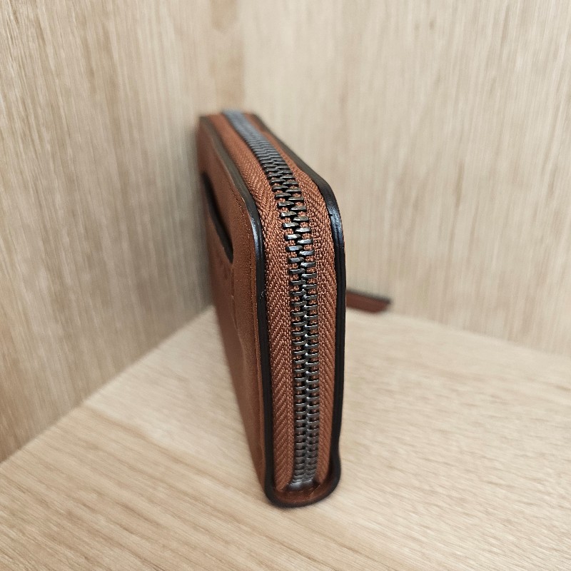 LongChamp 棕色牛皮烏金釦拉鏈零錢包-4