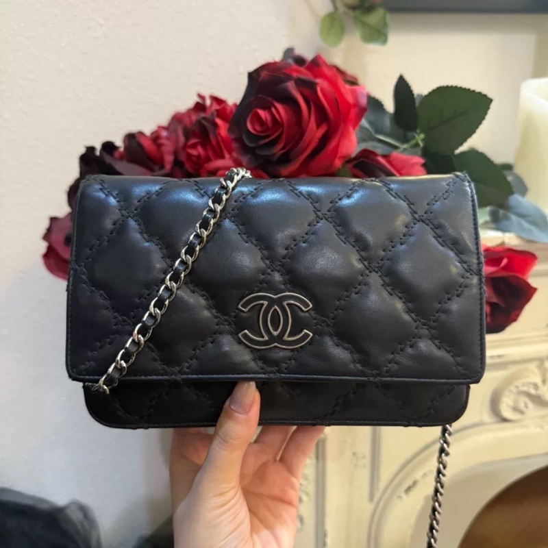 成色很好🥰Chanel黑銀琺瑯扣woc發財包斜挎單肩鏈條包-2