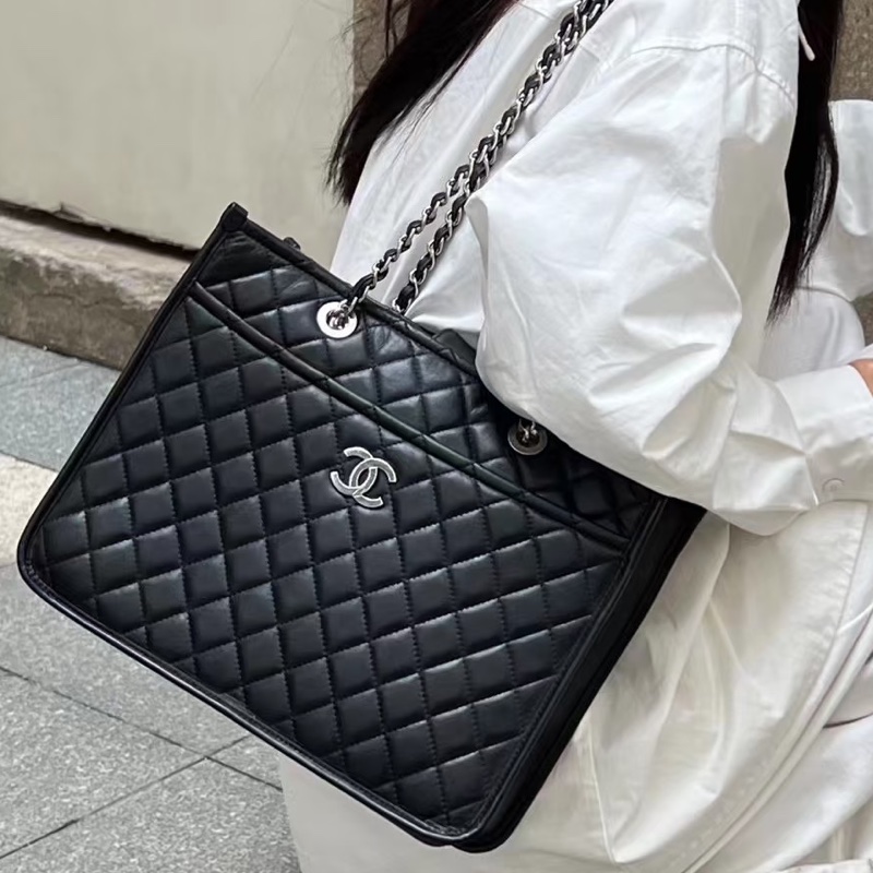 全網最低價😍Chanel黑銀復古荔枝牛皮托特單肩手提包-0