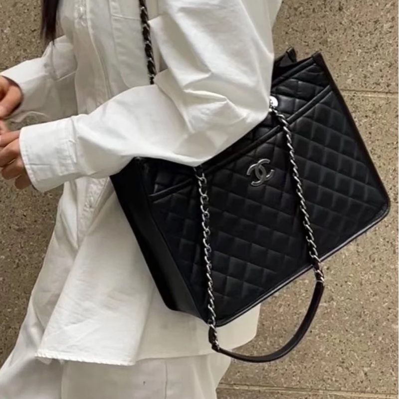 全網最低價😍Chanel黑銀復古荔枝牛皮托特單肩手提包-1